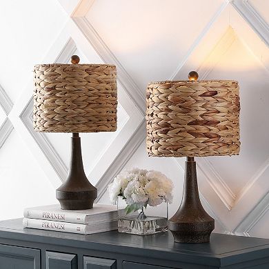 Theodore 21" Rustic Farmhouse Handwoven Rattan/resin Led Table Lamp, Brown Wood Finish (set Of 2)
