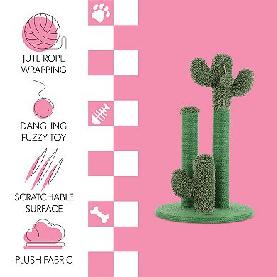 Marfa 25.25" Modern Jute Triple-cactus Cat Scratching Post With Fuzzy Toy