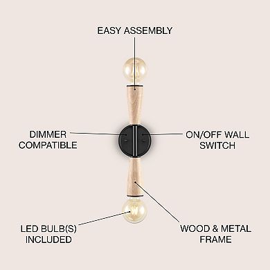 Katia 5.13" 2-light Modern Designer Iron/wood Double Sided Hourglass Led Sconce, Light Brown/black