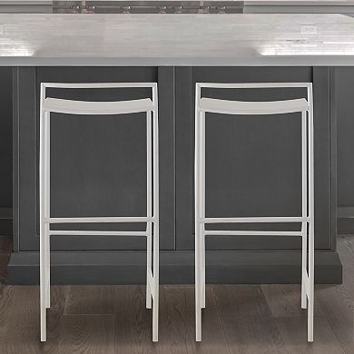 Svelte 30" Coastal Contemporary Iron Saddle-seat Low-back Bar Stool With Foot Rest, White Frame