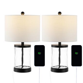 21" Modern Designer Iron/water Glass Led Table Lamp With Usb Charging Port, Black/clear (set Of 2)
