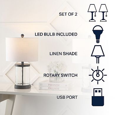 21" Modern Designer Iron/water Glass Led Table Lamp With Usb Charging Port, Black/clear (set Of 2)