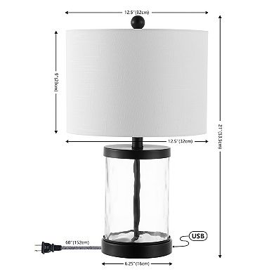 21" Modern Designer Iron/water Glass Led Table Lamp With Usb Charging Port, Black/clear (set Of 2)