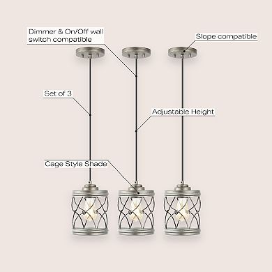 6.5" 1-light Farmhouse Industrial Iron Filigree Caged Jar Led Pendant, Antique Silver (set Of 3)