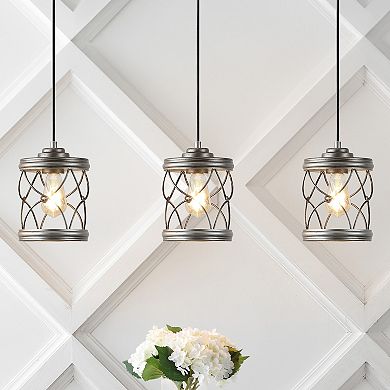 6.5" 1-light Farmhouse Industrial Iron Filigree Caged Jar Led Pendant, Antique Silver (set Of 3)