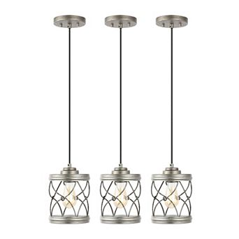 6.5" 1-light Farmhouse Industrial Iron Filigree Caged Jar Led Pendant, Antique Silver (set Of 3)