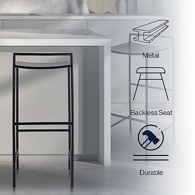 Svelte 30" Coastal Contemporary Iron Saddle-seat Low-back Bar Stool With Foot Rest, Black Frame