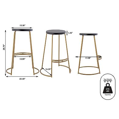 Hula 28.75" Modern Designer Iron Curved Backless Bar Stool, Black Seat With Gold Frame