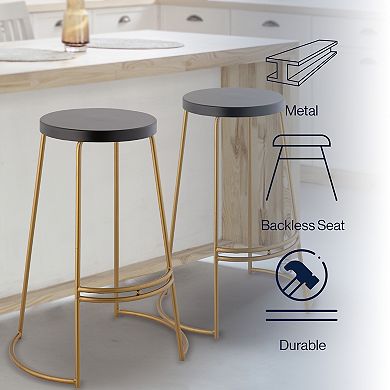 Hula 28.75" Modern Designer Iron Curved Backless Bar Stool, Black Seat With Gold Frame
