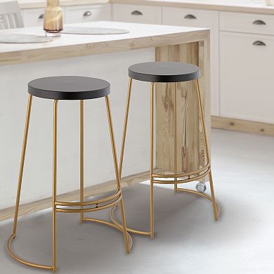 Hula 28.75" Modern Designer Iron Curved Backless Bar Stool, Black Seat With Gold Frame
