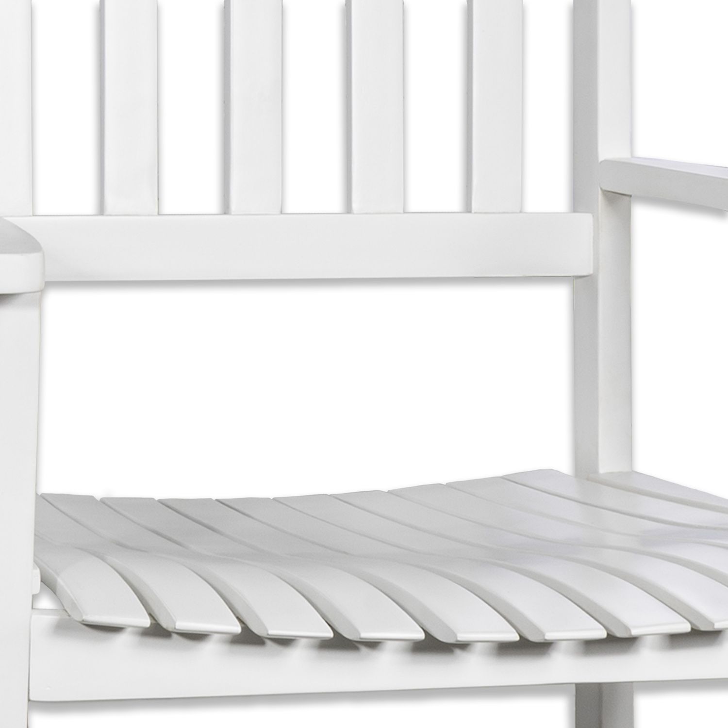 Close-up of the white slatted seat and armrest of the rocking chair