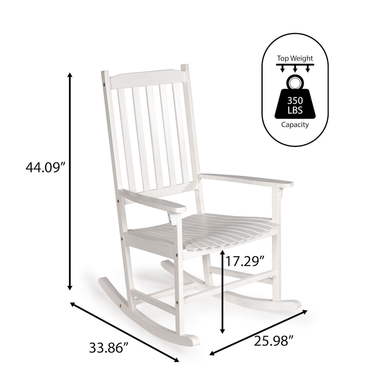 Dimensions of the white rocking chair with a capacity icon