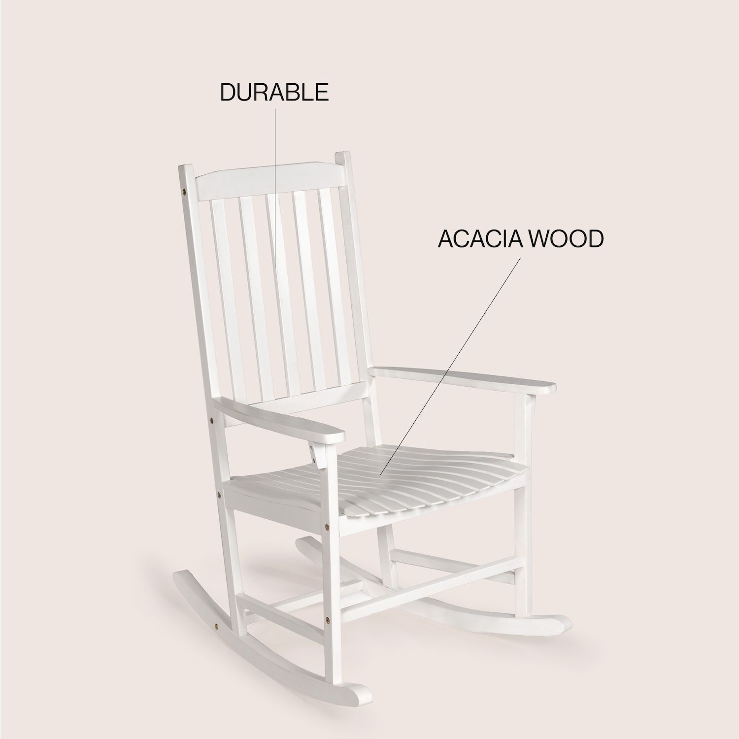Annotated image highlighting durability and acacia wood of the chair
