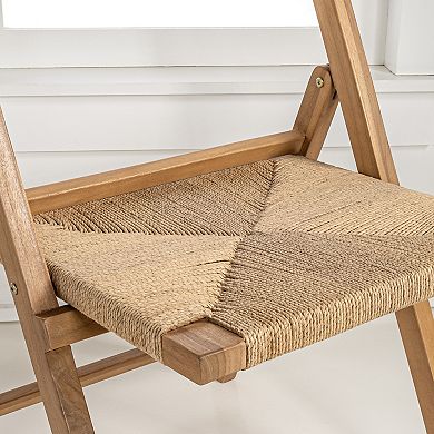 Veunda Coastal Woven Seagrass and Teak Wood Folding Chair, Indoor Space-Saving Armless Chair