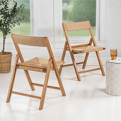 Veunda Coastal Woven Seagrass and Teak Wood Folding Chair, Indoor Space-Saving Armless Chair