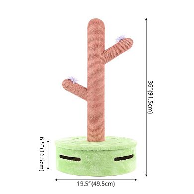 Rosa 36" Modern Jute Cactus Cat Scratching Post With Flower Toys And Built-in Bell Toys