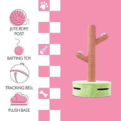 Rosa 36" Modern Jute Cactus Cat Scratching Post With Flower Toys And Built-in Bell Toys