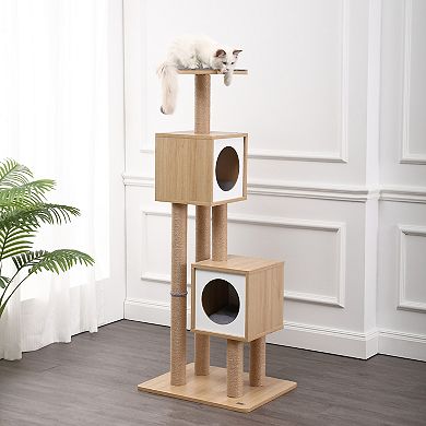 Sawyer 56" 3-tier Minimalist Jute Cat Tree Condo With Scratching Posts, And Fuzzy Toy