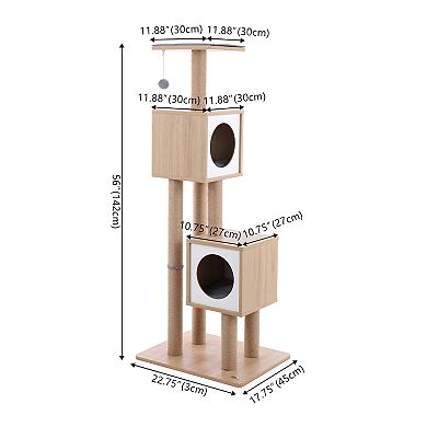 Sawyer 56" 3-tier Minimalist Jute Cat Tree Condo With Scratching Posts, And Fuzzy Toy