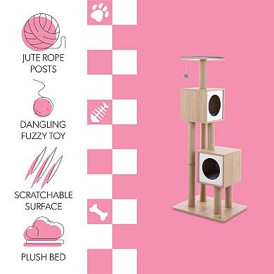 Sawyer 56" 3-tier Minimalist Jute Cat Tree Condo With Scratching Posts, And Fuzzy Toy