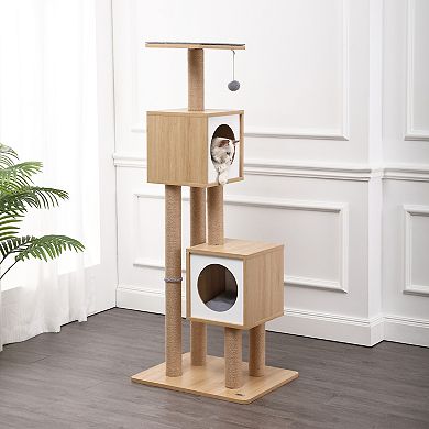 Sawyer 56" 3-tier Minimalist Jute Cat Tree Condo With Scratching Posts, And Fuzzy Toy