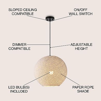 Lacey 19.5" 1-light Bohemian Minimalist Iron/rope Woven Globe Led Pendant, White/black