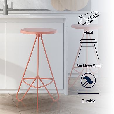 Trinity 30" Modern Industiral Iron Tripod Backless Bar Stool, Pink Frame
