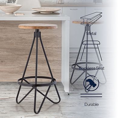 Spiroa 30" Modern Industrial Metal/wood Backless Circular Bar Stool, Natural Wood Seat, Black Frame