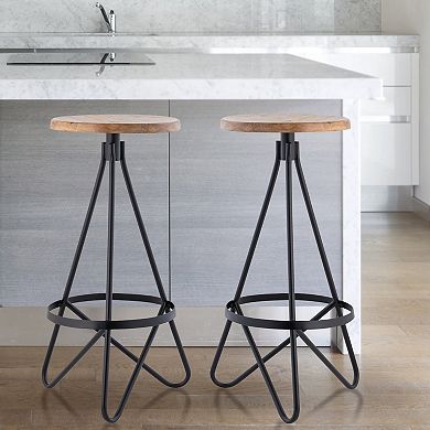 Spiroa 30" Modern Industrial Metal/wood Backless Circular Bar Stool, Natural Wood Seat, Black Frame