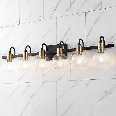 Marais 44.25" 6-light Iron/glass Rustic Vintage Led Vanity Light, Black/brass Gold