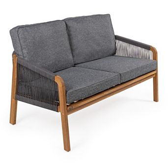 Danbon Bohemian Acacia Wood Outdoor Loveseat, 2-Seater Patio Sofa Bench with Woven Rope & Cushions