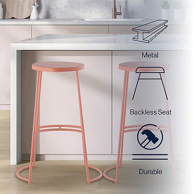 Hula 28.75" Modern Designer Iron Curved Backless Bar Stool, Pink Frame