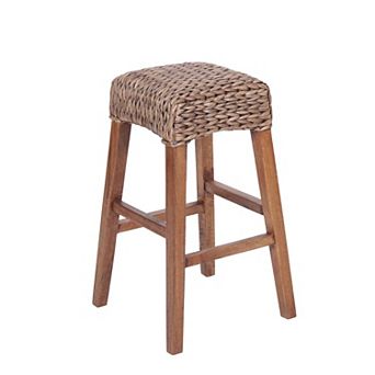 29.5" Rustic Bohemian Hyacinth/wood Backless Bar Stool, Brown Wash Woven Seat, Natural Wood Frame