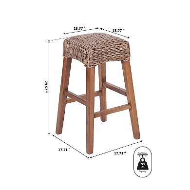 29.5" Rustic Bohemian Hyacinth/wood Backless Bar Stool, Brown Wash Woven Seat, Natural Wood Frame