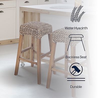 29.5" Rustic Bohemian Hyacinth/wood Backless Bar Stool, Brown Wash Woven Seat, Natural Wood Frame