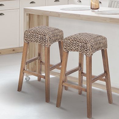 29.5" Rustic Bohemian Hyacinth/wood Backless Bar Stool, Brown Wash Woven Seat, Natural Wood Frame