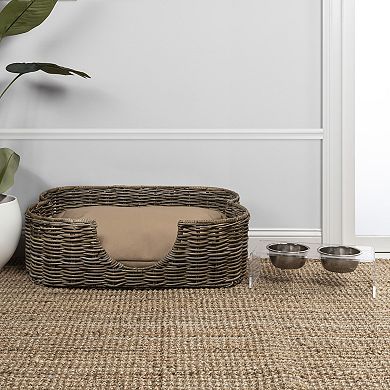 Scallop 31" X 20" Tropical Handwoven Rattan Dog Bed With Machine Washable Cushion