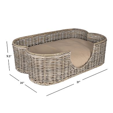 Scallop 31" X 20" Tropical Handwoven Rattan Dog Bed With Machine Washable Cushion