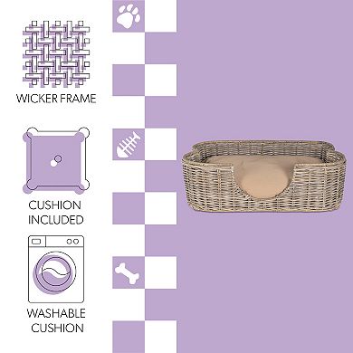 Scallop 31" X 20" Tropical Handwoven Rattan Dog Bed With Machine Washable Cushion