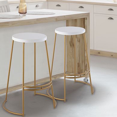 Hula 28.75" Modern Designer Iron Curved Backless Bar Stool, White Seat With Gold Frame