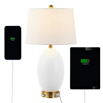 26.5" 1-outlet Style Iron/glass Led Table Lamp With Usb Charging Port, White/brass Gold