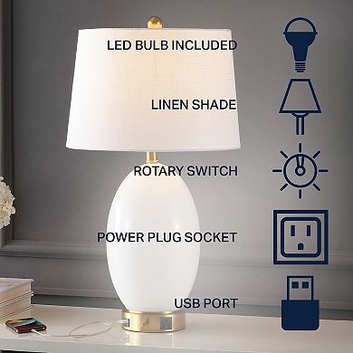 26.5" 1-outlet Style Iron/glass Led Table Lamp With Usb Charging Port, White/brass Gold