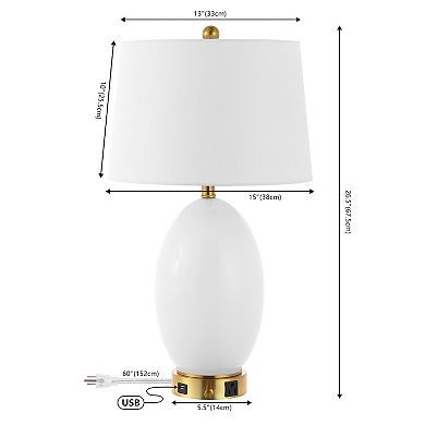 26.5" 1-outlet Style Iron/glass Led Table Lamp With Usb Charging Port, White/brass Gold