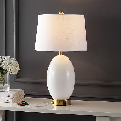 26.5" 1-outlet Style Iron/glass Led Table Lamp With Usb Charging Port, White/brass Gold