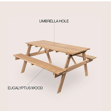 Shoreham 59" Modern Classic Outdoor Wood Picnic Table Benches With Umbrella Hole