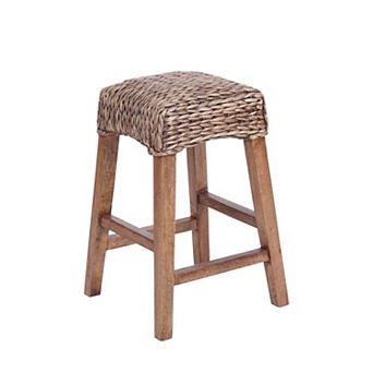 25.5"bohemian Hyacinth/wood Backless Counter Stool, Brown Wash Woven Seat, Natural Wood Frame