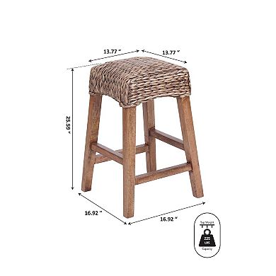 25.5"bohemian Hyacinth/wood Backless Counter Stool, Brown Wash Woven Seat, Natural Wood Frame