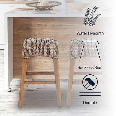 25.5"bohemian Hyacinth/wood Backless Counter Stool, Brown Wash Woven Seat, Natural Wood Frame