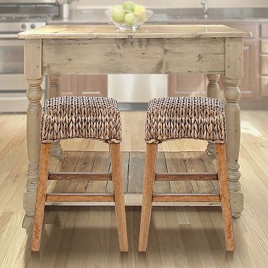 25.5"bohemian Hyacinth/wood Backless Counter Stool, Brown Wash Woven Seat, Natural Wood Frame