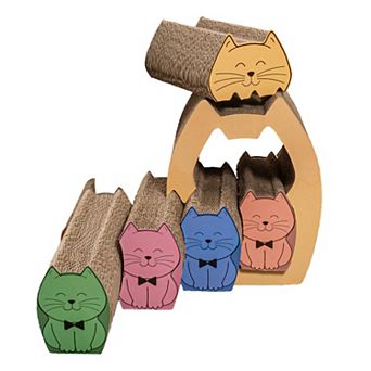Kazoku 15.63" Modern Cardboard 5-in-1 Family Cat Cave Scratcher With Catnip And Pull-out Design